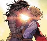 Wonder Woman kisses princess Zala-El in DC's new medieval, fantasy limited series "Dark Knights of Steel"