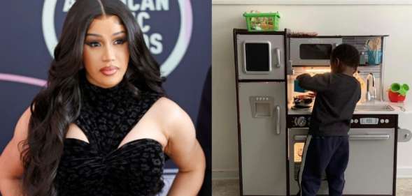 Cardi B on the red carpet and a young boy playing with a kitchen cooking set
