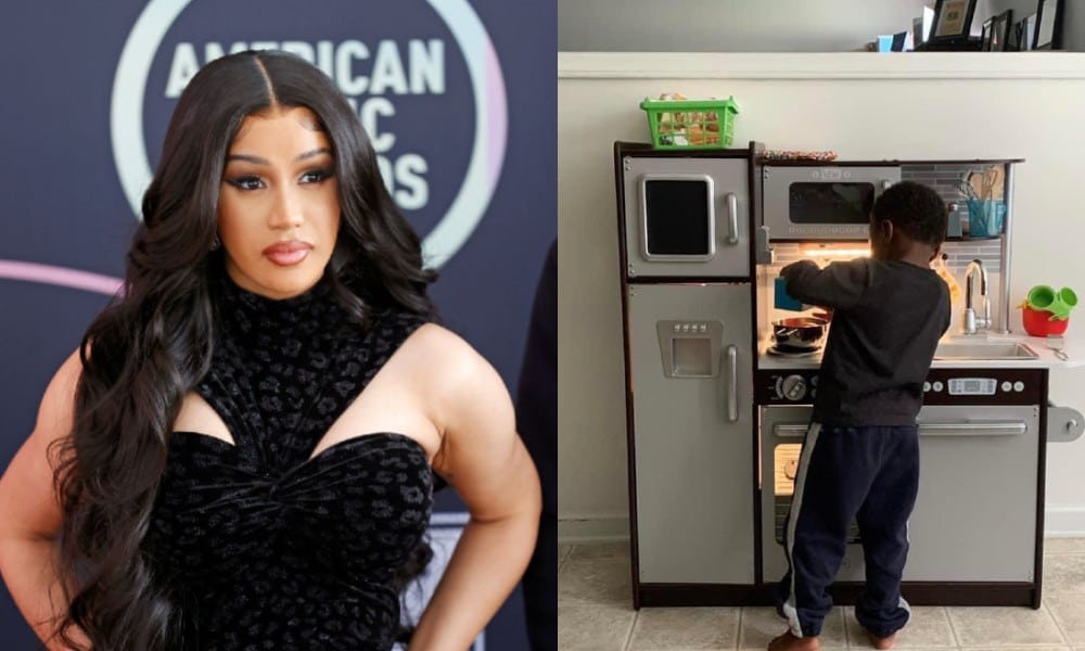 Cardi B on the red carpet and a young boy playing with a kitchen cooking set