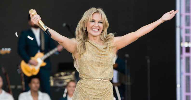 Kylie Minogue performs on the Pyramid Stage on day five of Glastonbury Festival in 2019.
