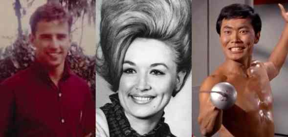 Side by side images of president Joe Biden, Dolly Parton and George Takei from when they were younger