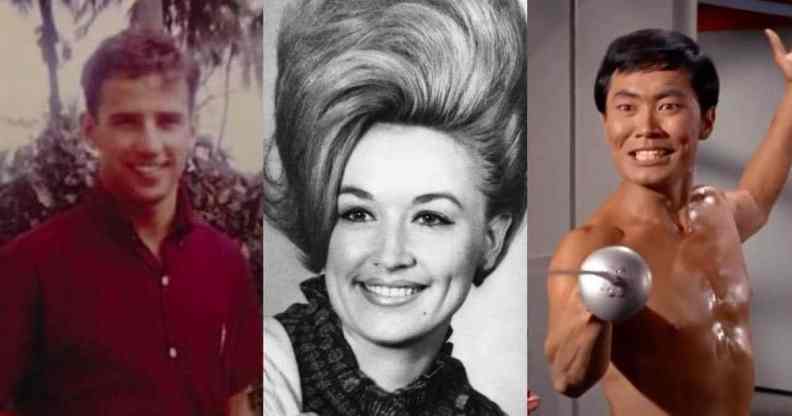 Side by side images of president Joe Biden, Dolly Parton and George Takei from when they were younger
