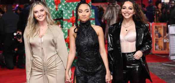 Little Mix stars Perrie Edwards, Leigh-Anne Pinnock and Jade Thirlwall hold hands on the red carpet at Boxing Day film premiere