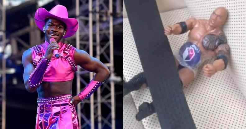 side by side images of Lil Nas X performing on stage and an action figure of Dwayne "The Rock" Johnson from TikTok
