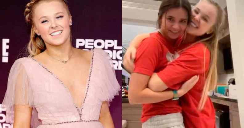 side by side pictures of JoJo Siwa and then a screen shot of JoJo Siwa embracing TikToker Katie Mills