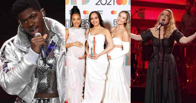 Side by side images of Lil Nas X, Little Mix and Adele