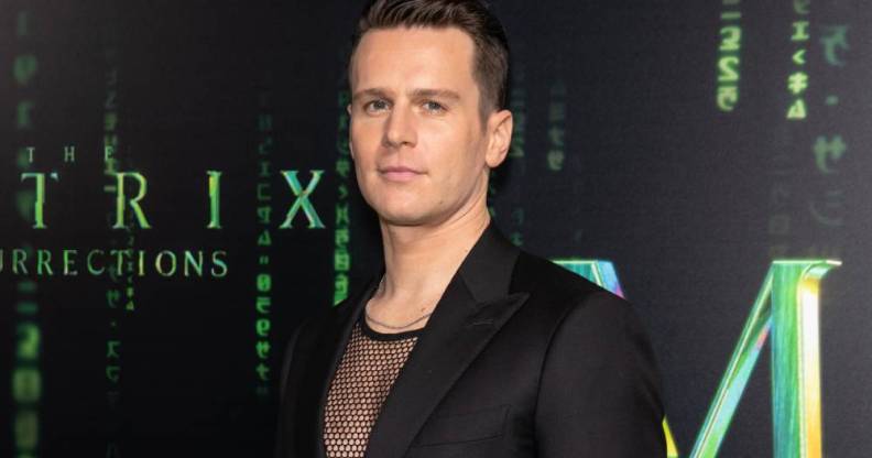 Jonathan Groff arrived at the Matrix Resurrections in a black fishnet shirt and a black suit jacket