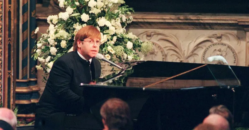 Sir Elton John sings "Candle In The Wind" at the funeral of Diana, Princess of Wales on 6 September, 1997
