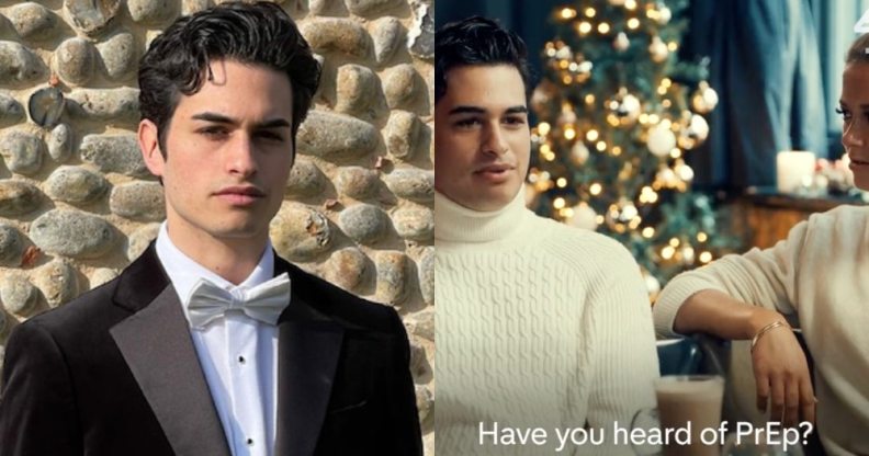 On the left: Robbie Mullet poses in a tuxedo. On the right: Robbie Mullet in a café saying: 'Have you heard of PrEP?'