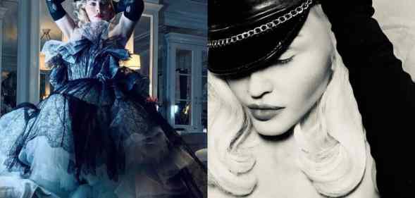 side by side images of Madonna, one of the pop star in a gorgeous tulle dress and another of her posed topless