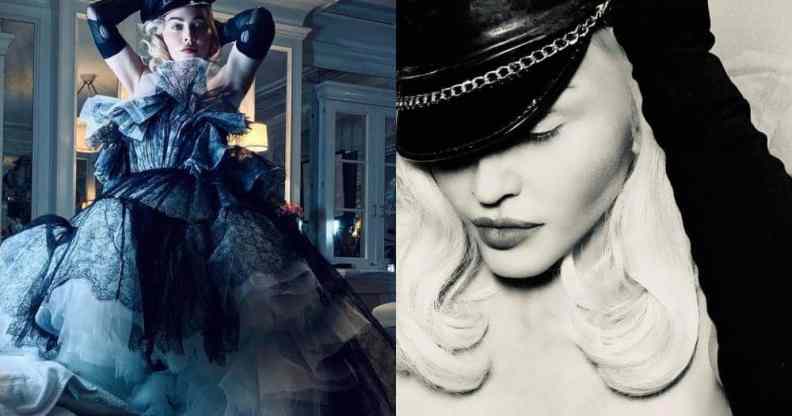 side by side images of Madonna, one of the pop star in a gorgeous tulle dress and another of her posed topless