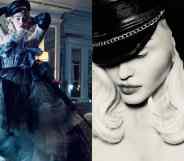 side by side images of Madonna, one of the pop star in a gorgeous tulle dress and another of her posed topless