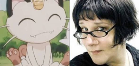 Side by side images of Pokemon Meowth and voice actor Maddie Blaustein