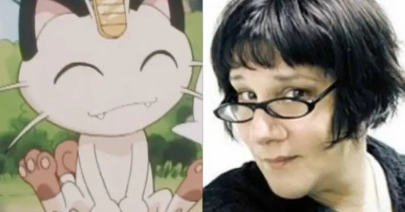 Side by side images of Pokemon Meowth and voice actor Maddie Blaustein