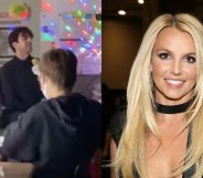 A side-by-side of a man sitting behind a desk singing and a headshot of Britney Spears