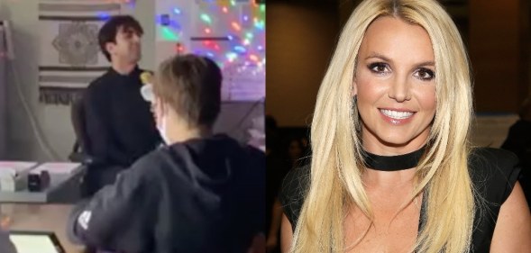 A side-by-side of a man sitting behind a desk singing and a headshot of Britney Spears