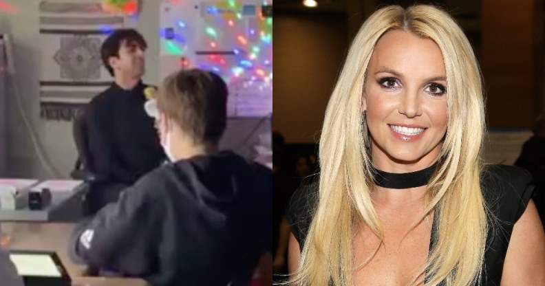 A side-by-side of a man sitting behind a desk singing and a headshot of Britney Spears