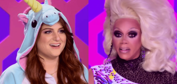 Meghan Trainor in a unicorn onesie, RuPaul looking unimpressed (separate photos)