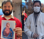Gabriel Boric holding a picture of Taylor Swift as Jesus