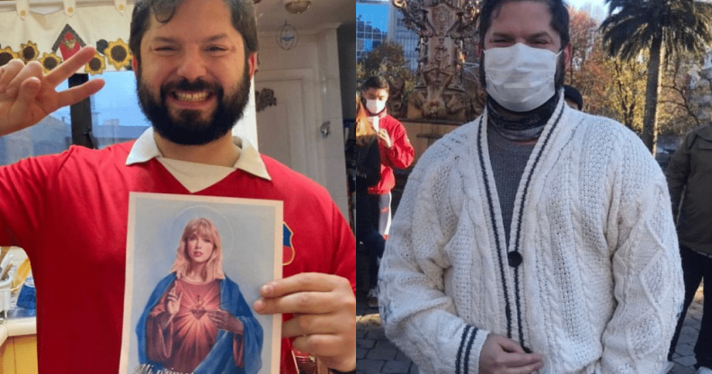 Gabriel Boric holding a picture of Taylor Swift as Jesus