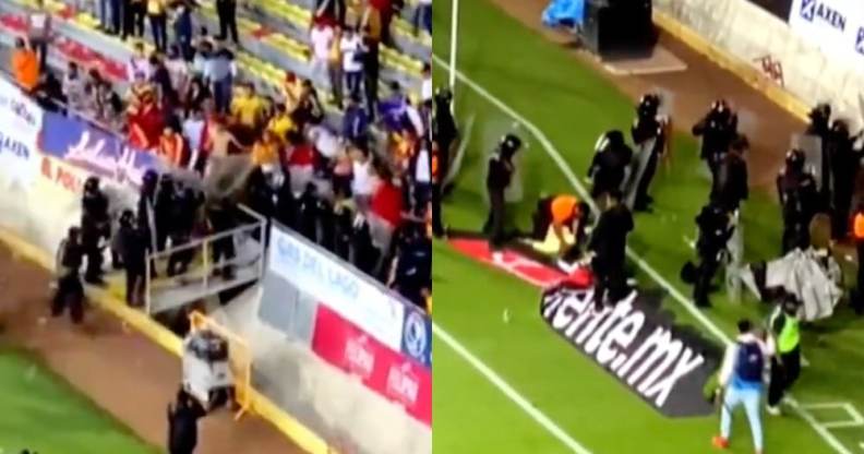 Side-by-side screen captures of football fans storming a stadium pitch