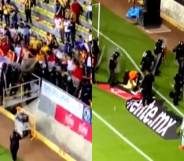 Side-by-side screen captures of football fans storming a stadium pitch