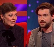 Headshots of Olivia Coleman and Jack Whitehall on The Graham Norton Show