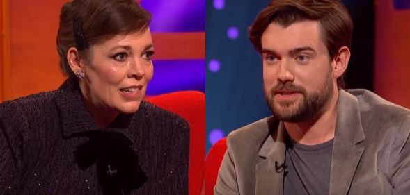 Headshots of Olivia Coleman and Jack Whitehall on The Graham Norton Show