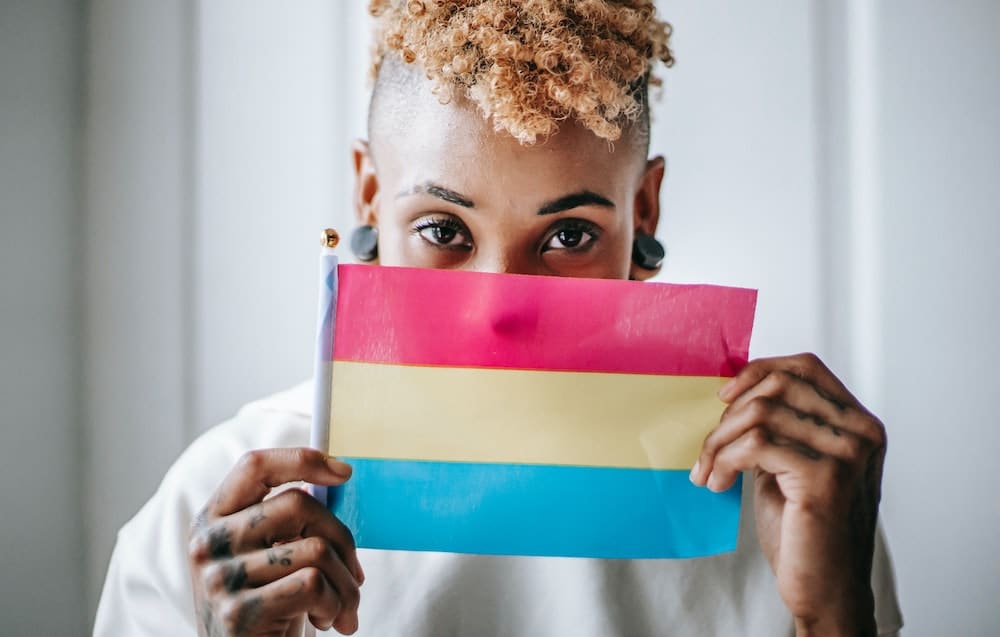 A person holds a pansexual pride flag