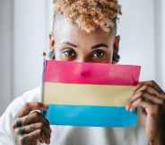 A person holds a pansexual pride flag