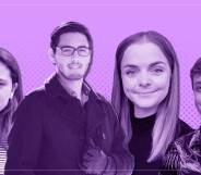 Four Accenture employees stare at the camera. Their pictures are washed in purple