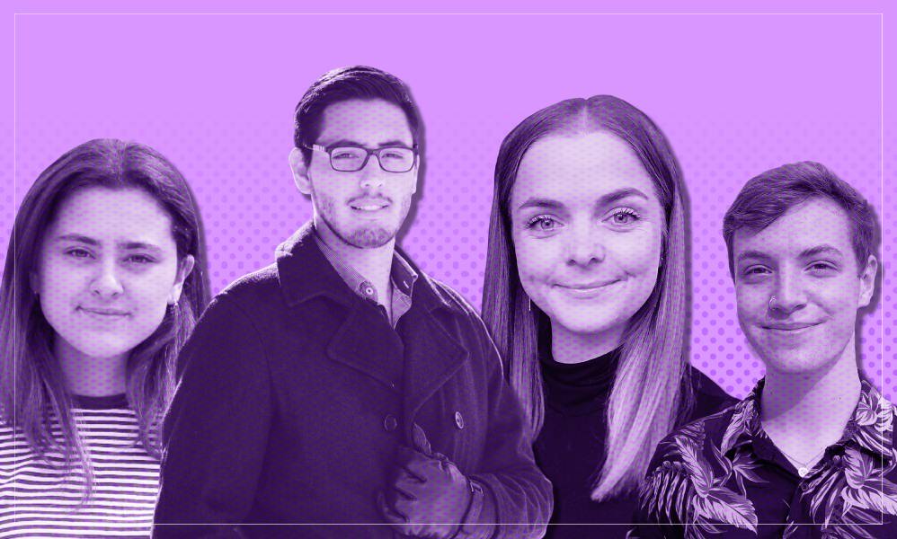 Four Accenture employees stare at the camera. Their pictures are washed in purple