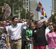 Canadian prime minister Justin Trudeau and Toronto mayor John Tory march at Toronto Prid