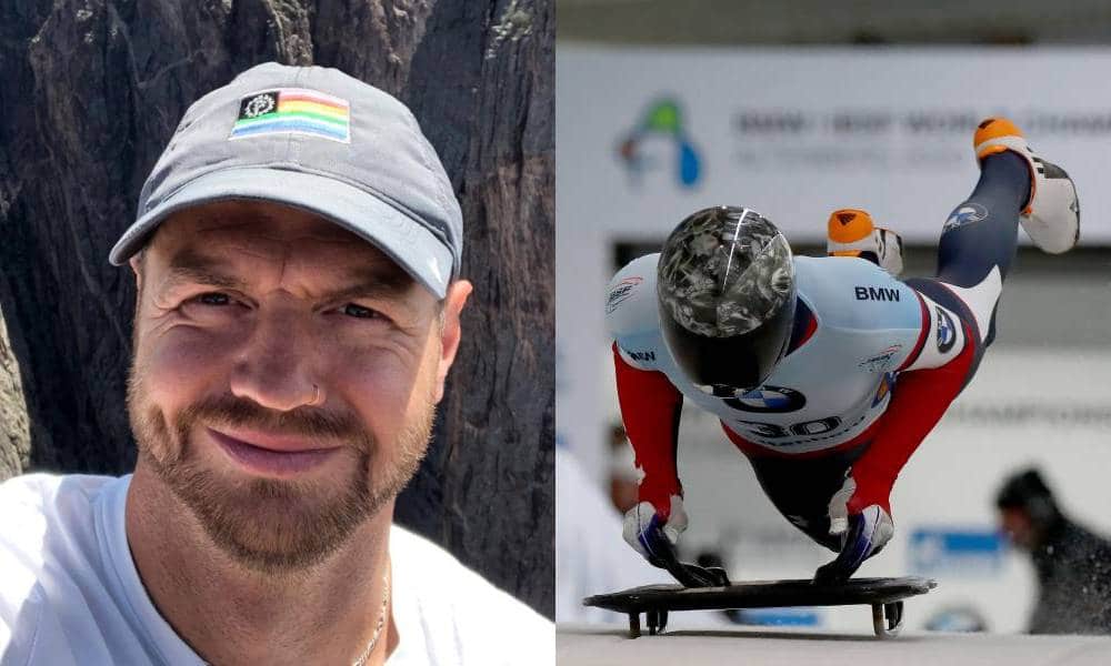 side by side images of Andrew Blaser. In one picture Blaser wears a grey cap and smiles at the camera while on a hike outdoors. In the other image, Blaser is jumping onto a board to compete in the skeleton