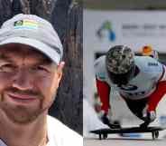 side by side images of Andrew Blaser. In one picture Blaser wears a grey cap and smiles at the camera while on a hike outdoors. In the other image, Blaser is jumping onto a board to compete in the skeleton