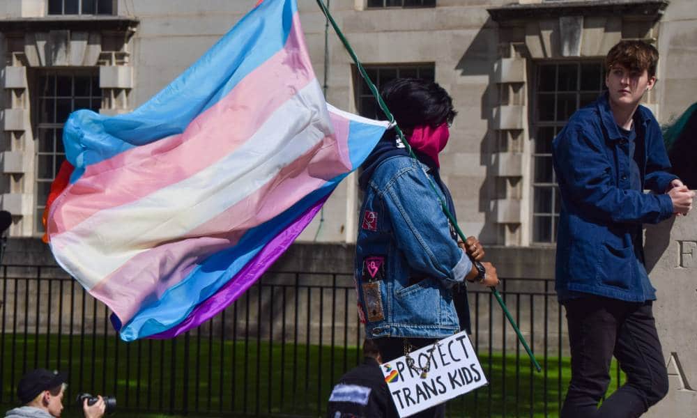 A protester holds a trans pride flag and a placard that reads "Protect Trans Kids" placard during the trans rights demonstration