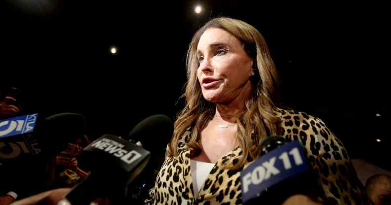 Caitlyn Jenner meets with members of the press to concede defeat during a recall election in California
