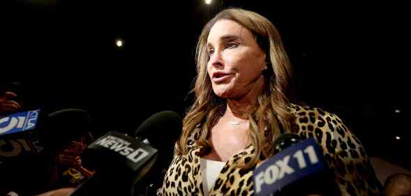 Caitlyn Jenner meets with members of the press to concede defeat during a recall election in California