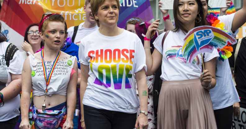 First Minister Nicola Sturgeon wears a rainbow "choose love" t-shirt at the 2018 Pride Festival in Glasgow