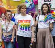 First Minister Nicola Sturgeon wears a rainbow "choose love" t-shirt at the 2018 Pride Festival in Glasgow