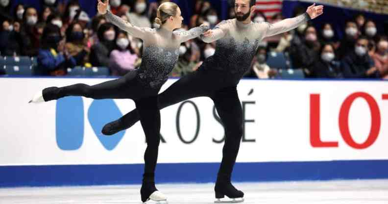 Figure skaters Ashley Cain-Gribble and Timothy LeDuc wear monochromatic ombre skating outfits while competing at the ISU Grand Prix of Figure Skating