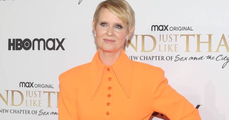 Cynthia Nixon wears an orange outfit and smiles at the camera