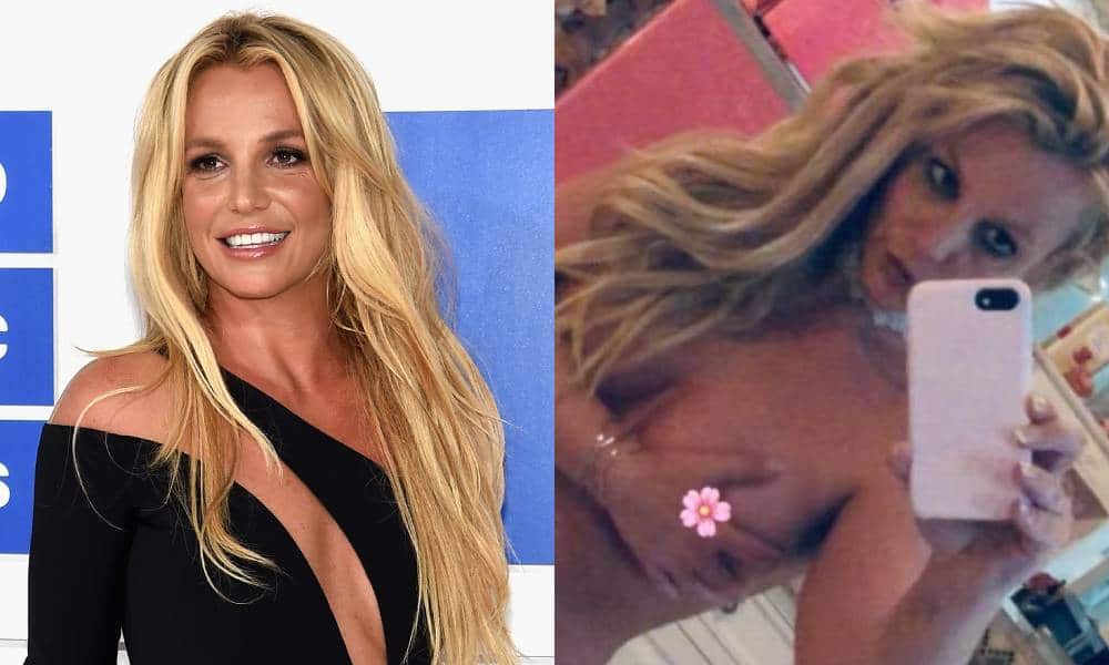 side by side images of Britney Spears, one from Getty where she is wearing a black dress with cut outs and another selfie from her Instagram