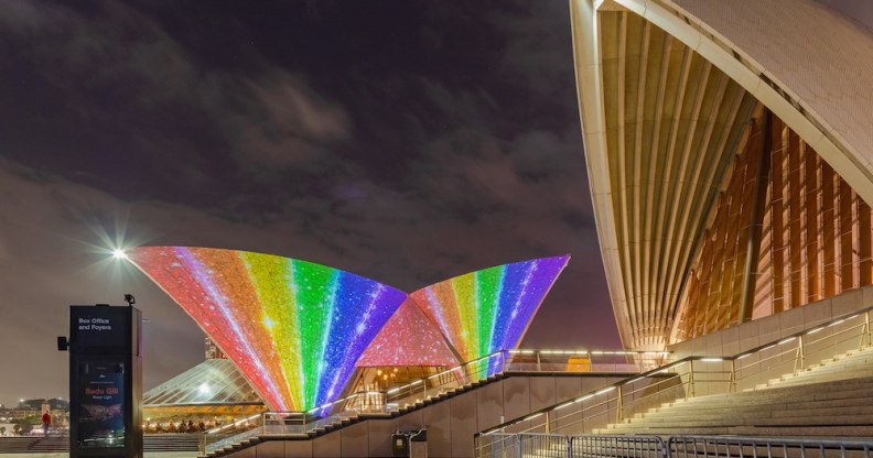 The Sydney Opera House is lit up in rainbow colours