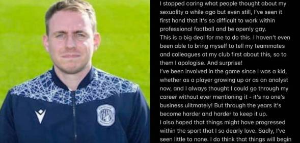 Daniel Hutchings stares at the camera while wearing a jacket with a football insignia on it. The picture is beside a screenshot of his coming out story which he posted on Twitter