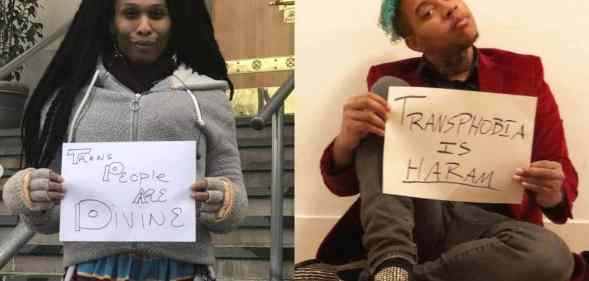 Lady Dane Figueroa Edidi holds up a sign that reads "trans people are divine". J Mase III holds up a sign that reads "transphobia is haram".
