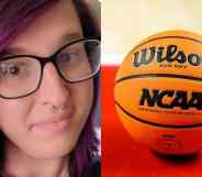 Side by side images of Dorian Rhea Debussy and a basketball with a NCAA logo on it