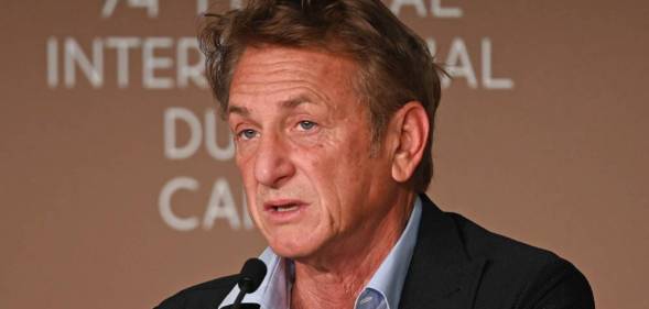 Sean Penn promoting his film Flag Day at a press conference at the 74th Cannes Film Festival
