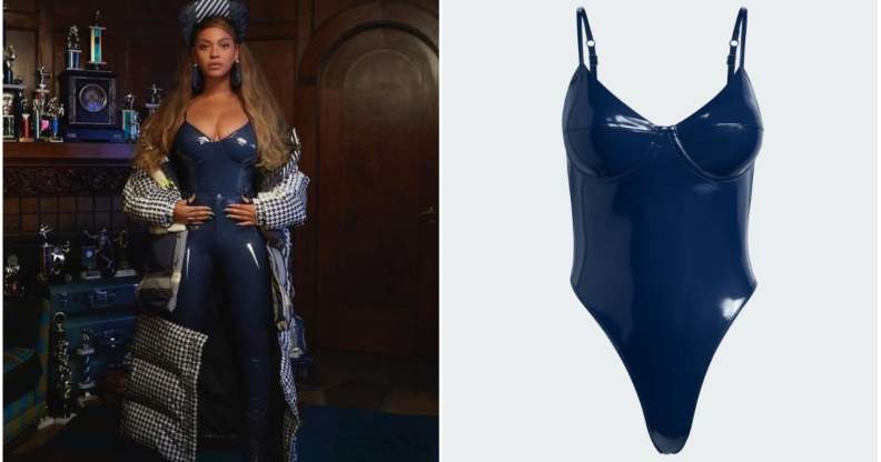 Beyoncé models a latex bodysuit from her latest Ivy Park collection.