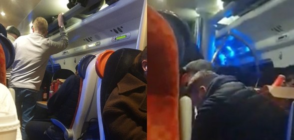 Side-by-side of a group of men sitting and standing on a train